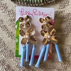 Lilly Pulitzer Gold Floral Earrings with Blue Tassels